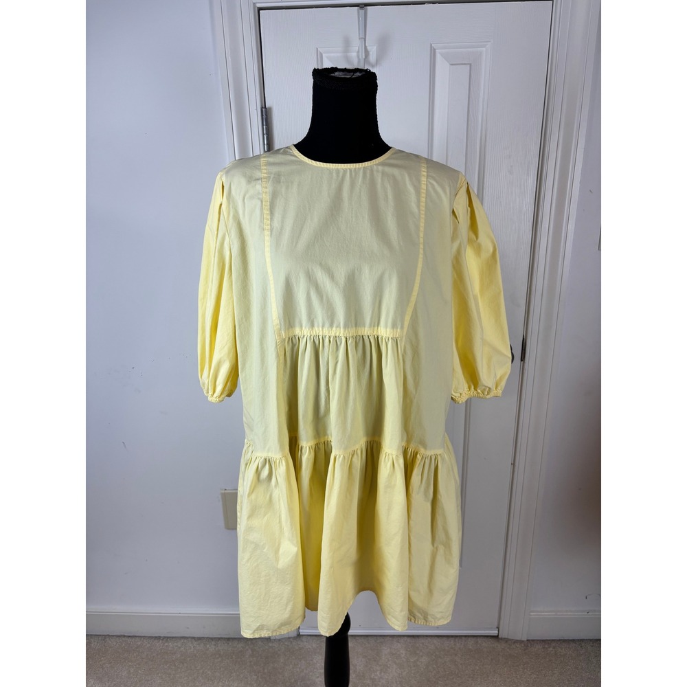 Oak + Fort Yellow Cotton Tiered Mini Dress Puff Sleeve Babydoll XXS DR-10346-W